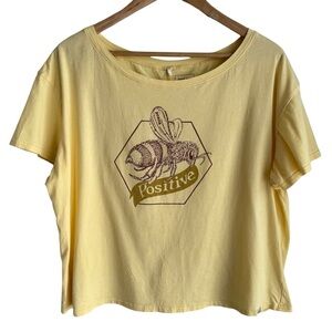 PrAna Bee Positive Graphic Tee Sz L Yellow Boxy Short Sleeve T-Shirt Cropped EUC